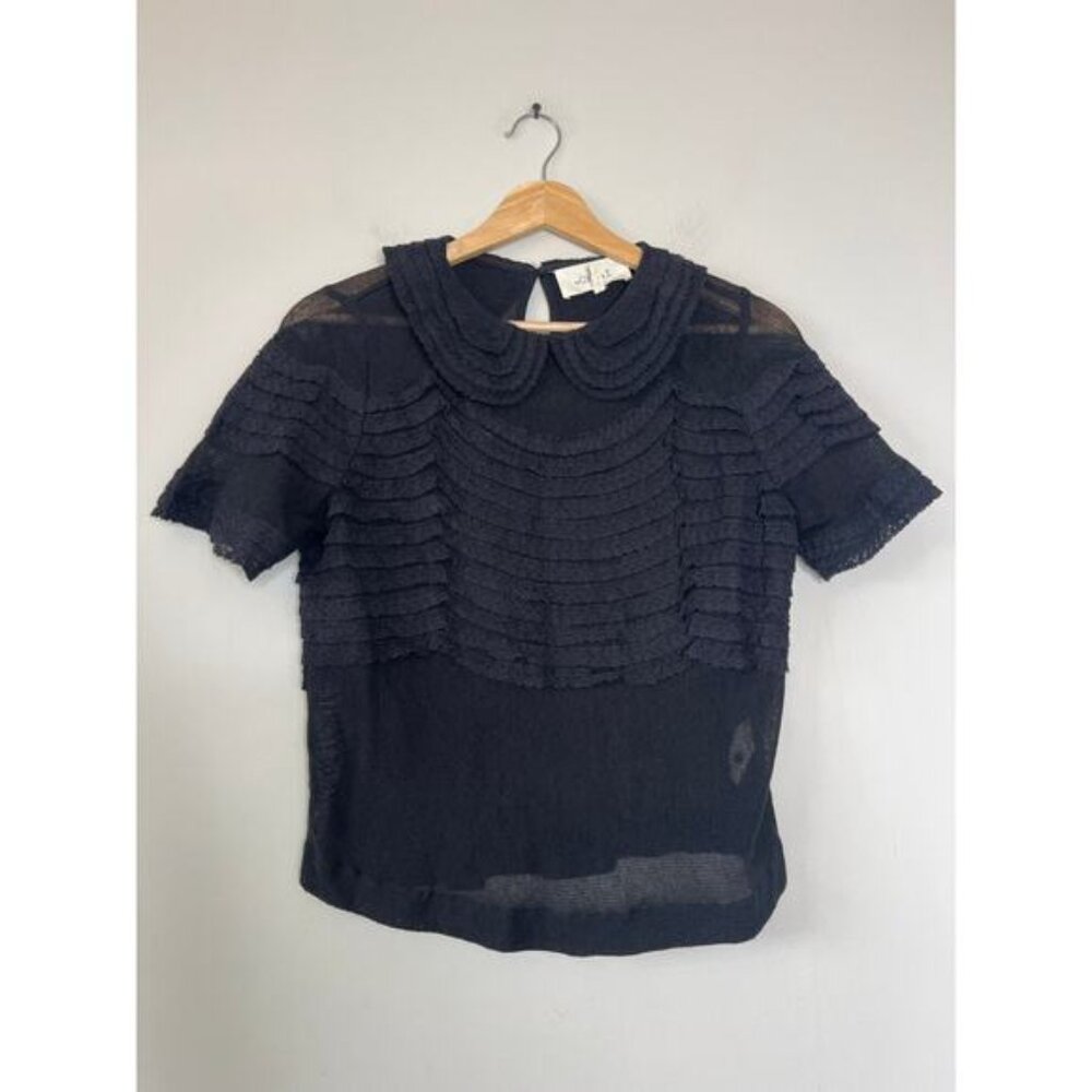 NEW The Great Rosebud Scalloped Lace Cropped Short Sleeve Top Black - Picture 2 of 6